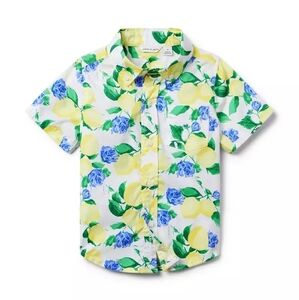 Boys Lemon Print Button UP Shirt - Blue Irises and Yellow Lemons